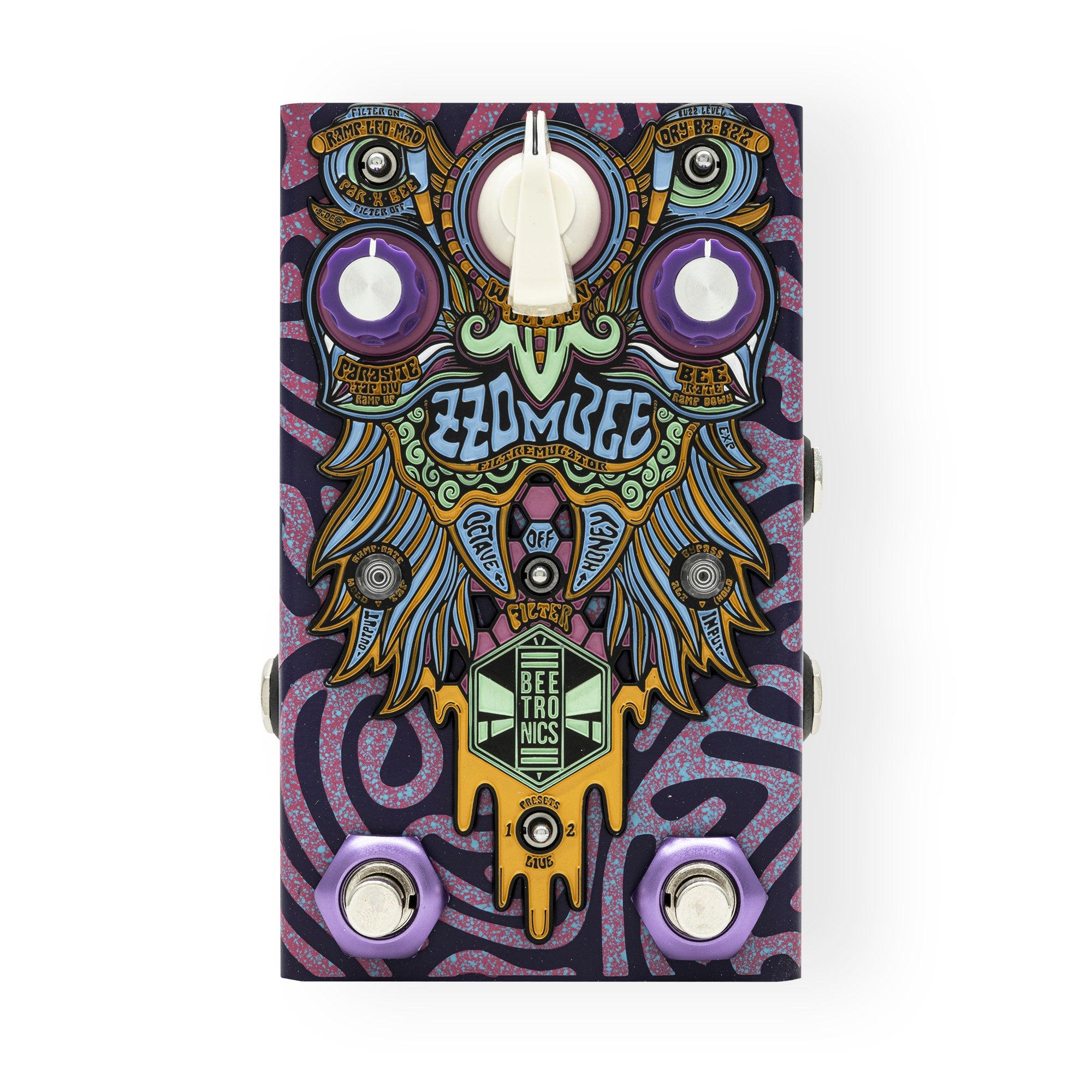 Beetronics FX Custom Shop Zzombee Filtremulator Filter & Modulation Guitar Effects Pedal, Purple / Red / Blue Speckle