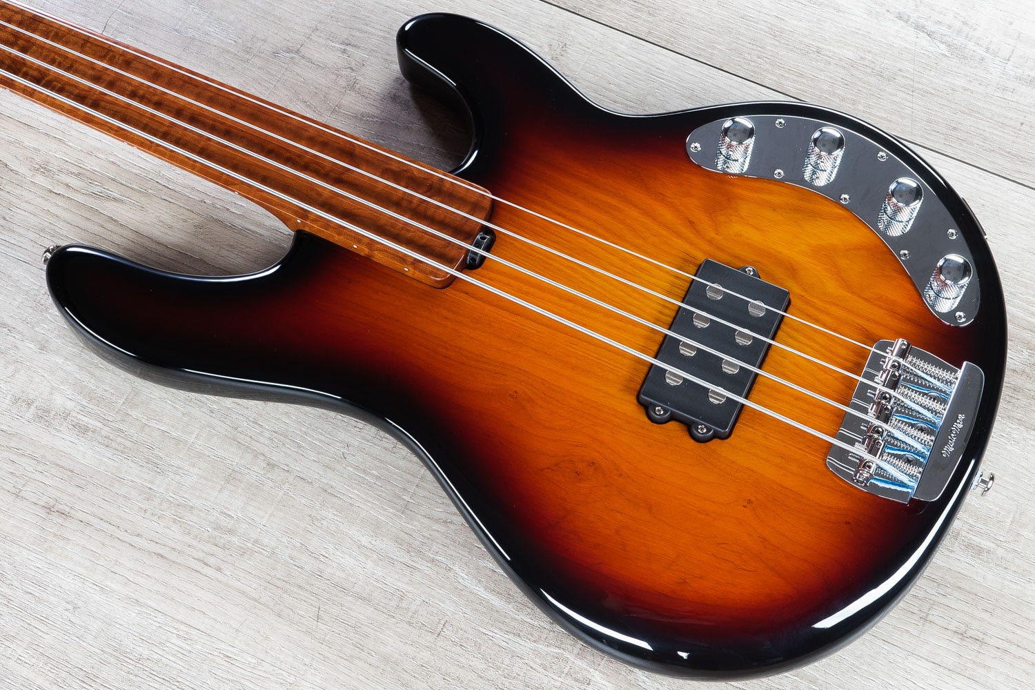 Ernie Ball Music Man BFR Stingray Bass Guitar, Fretless Figured Roasted Neck, Vintage Sierra Burst