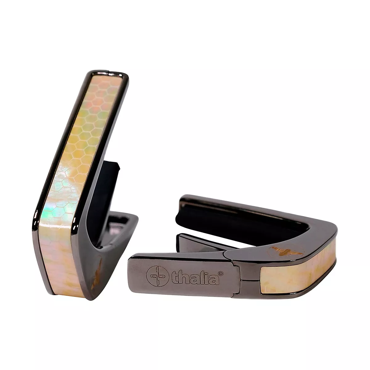 Thalia Premium Series Black Chrome Finish Guitar Capo, Vintage Pearl Save the Bees