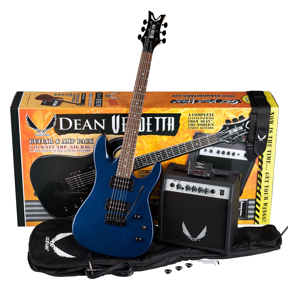 Dean Guitars VNXMT MBL PK Solid Body Electric Guitar Pack in Metallic Blue (Includes Amp, Tuner, & More)