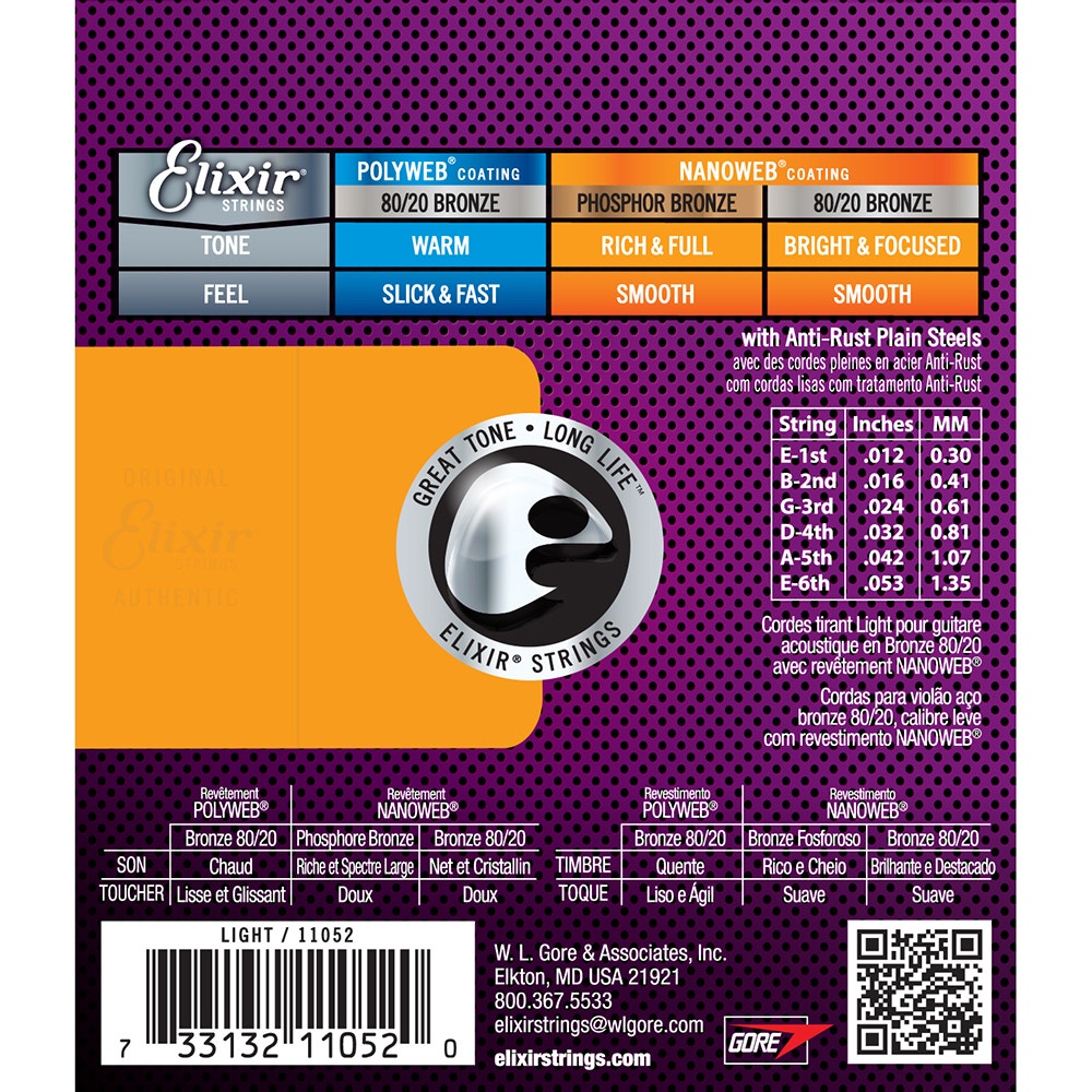 Elixir Nanoweb 80/20 Bronze Light Acoustic Guitar Strings 11052 12-53