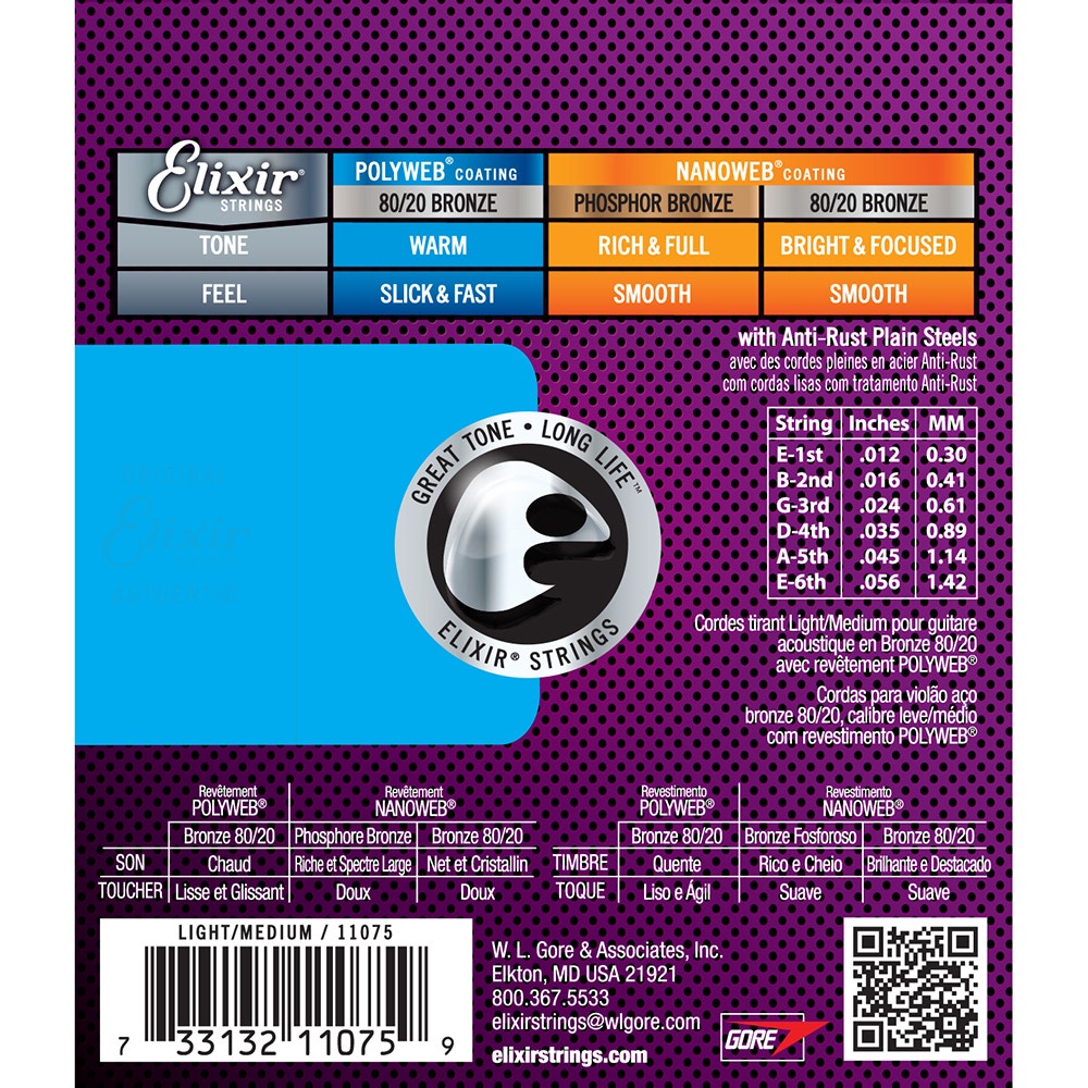 Elixir 11075 Polyweb 80/20 Bronze Light-Medium Acoustic Guitar Strings (12-56)