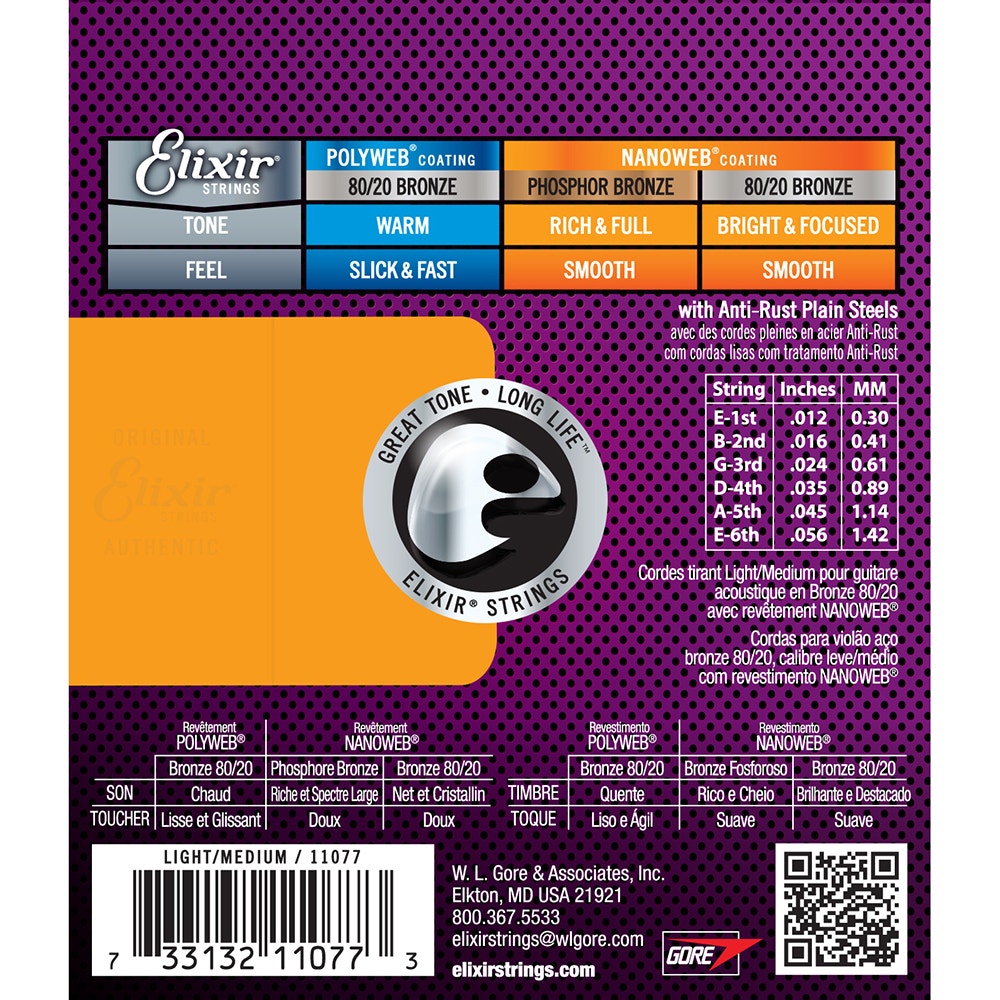 Elixir 11077 Nanoweb 80/20 Bronze Light Medium Acoustic Guitar Strings 12-56
