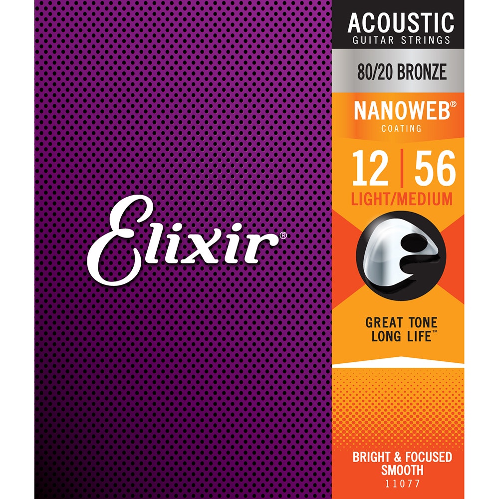 Elixir 11077 Nanoweb 80/20 Bronze Light Medium Acoustic Guitar Strings 12-56