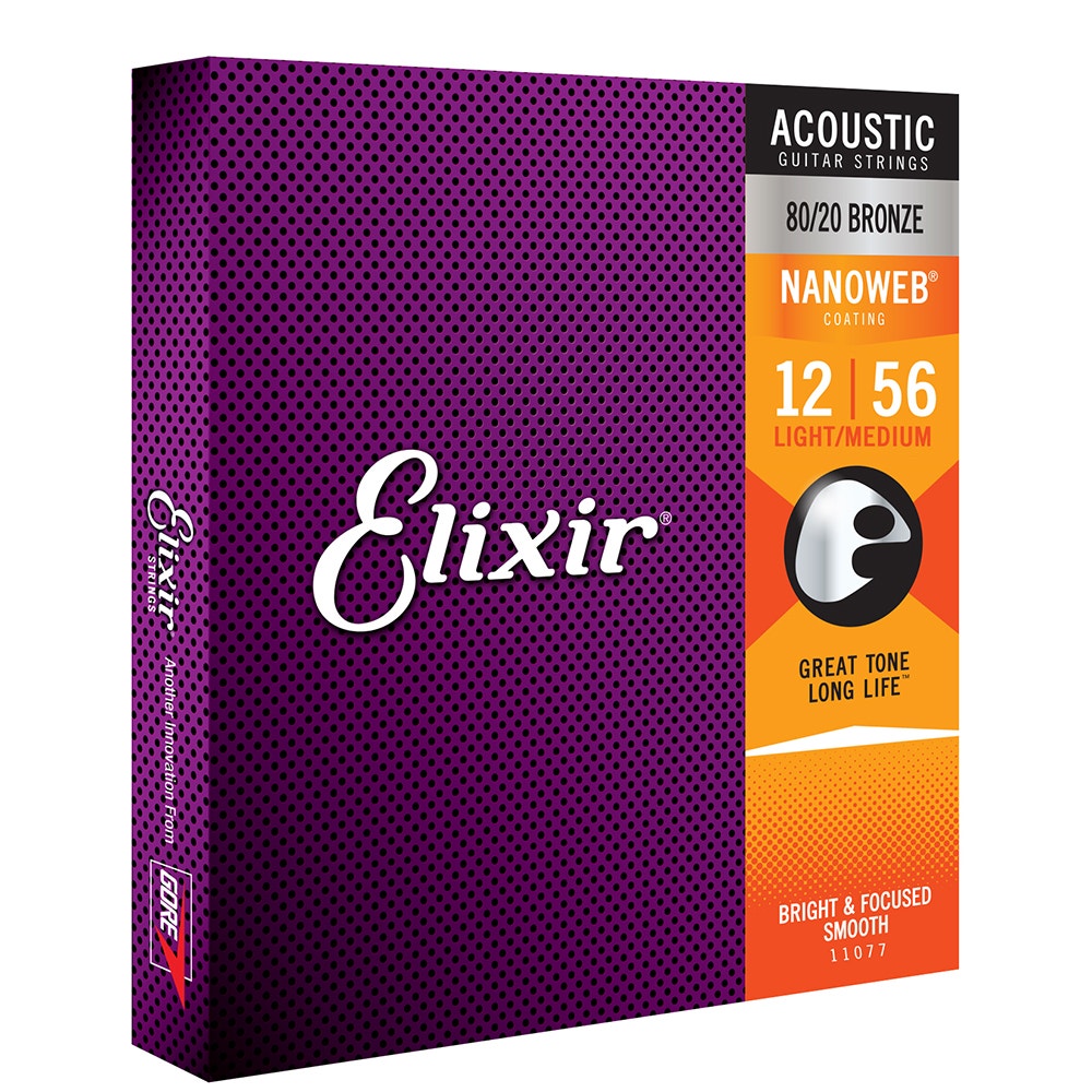 Elixir 11077 Nanoweb 80/20 Bronze Light Medium Acoustic Guitar Strings 12-56
