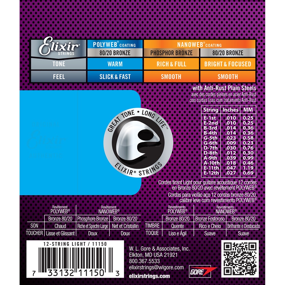 Elixir 11150 12-String 80/20 Bronze with Polyweb Coating Light Acoustic Guitar Strings (10-47)