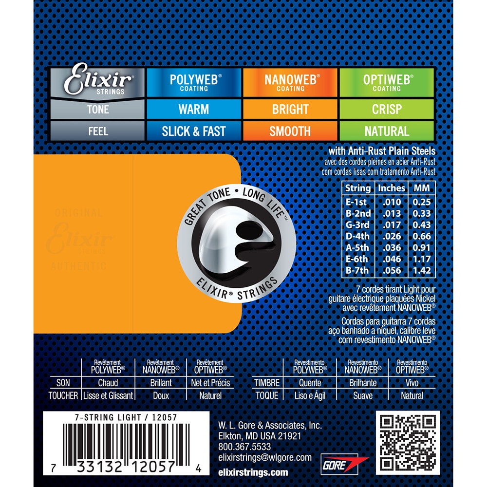 1 Set of Elixir 12057 Nanoweb 7 string Electric Guitar Strings Light 10-56