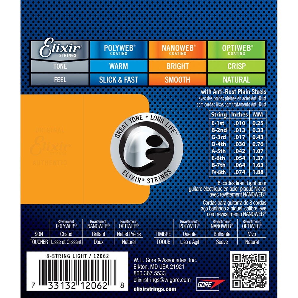 Elixir 12062 Nanoweb Coating Electric Guitar Strings, 8-String Light (10-74)