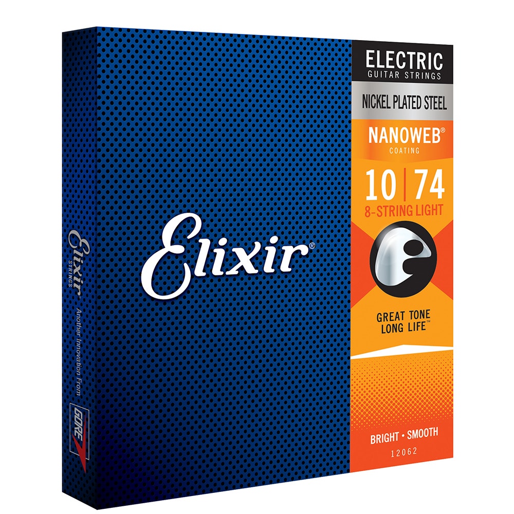 Elixir 12062 Nanoweb Coating Electric Guitar Strings, 8-String Light (10-74)