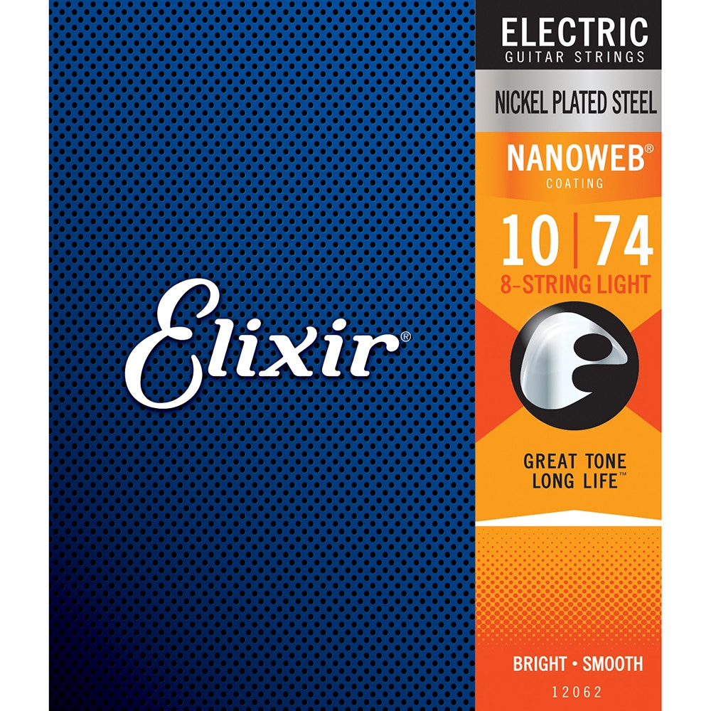 Elixir 12062 Nanoweb Coating Electric Guitar Strings, 8-String Light (10-74)