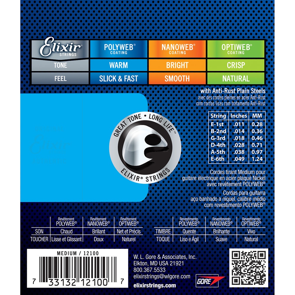 Elixir 12100 Polyweb Coating Electric Guitar Strings, Medium (11-49)