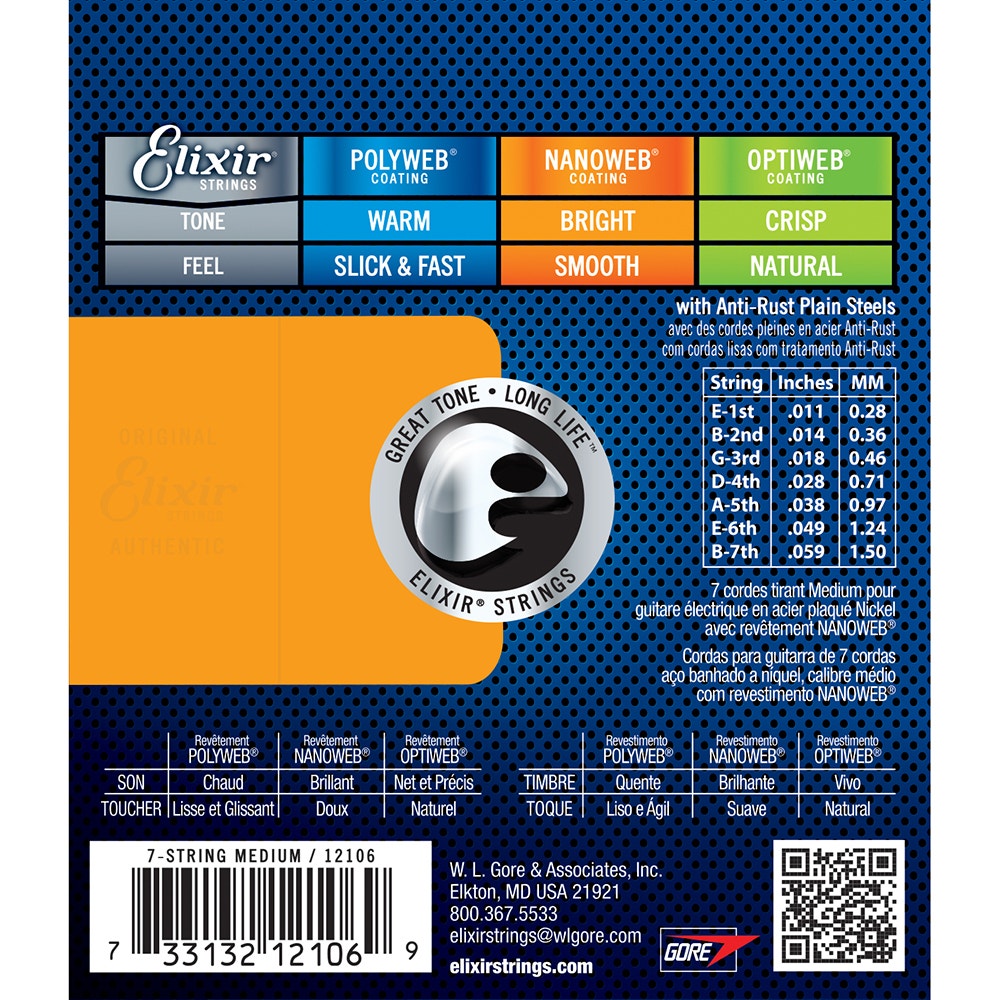 Elixir 12106 Nanoweb Coating Electric Guitar Strings, 7-String Medium (11-59)