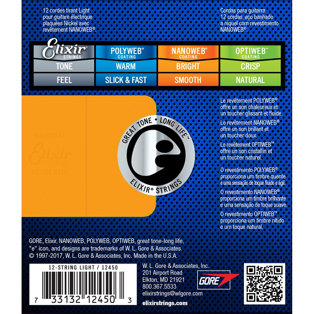 Elixir 12450 Nanoweb Coating Electric Guitar Strings, 12-String Light (10-46)