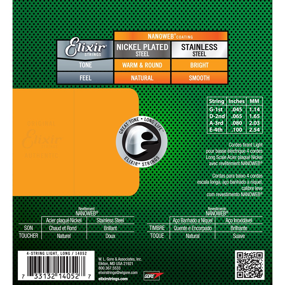 Elixir 14052 NANOWEB 4-String Light/Long Scale Electric Bass Strings (45-100)