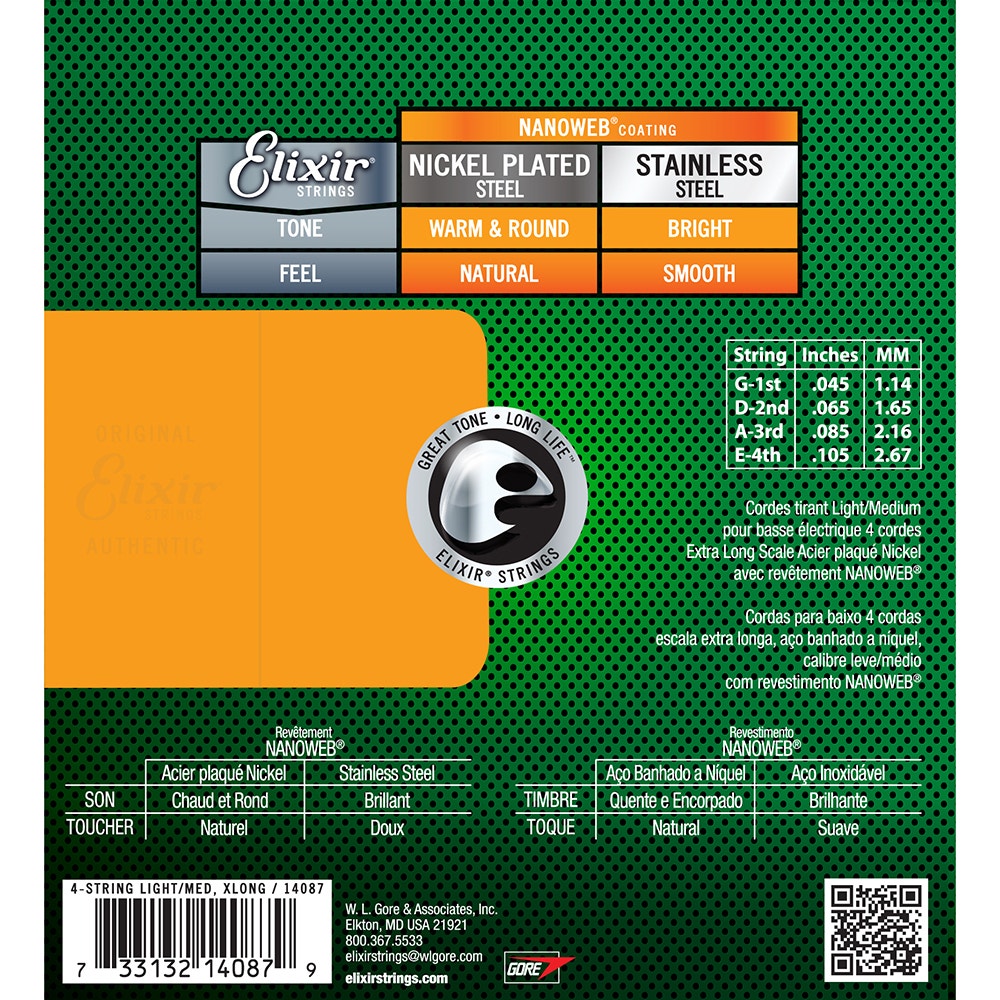 Elixir 14087 Bass Strings, Nickel Plated Steel with NANOWEB Coating, Light/Medium, Extra Long Scale (45-105)