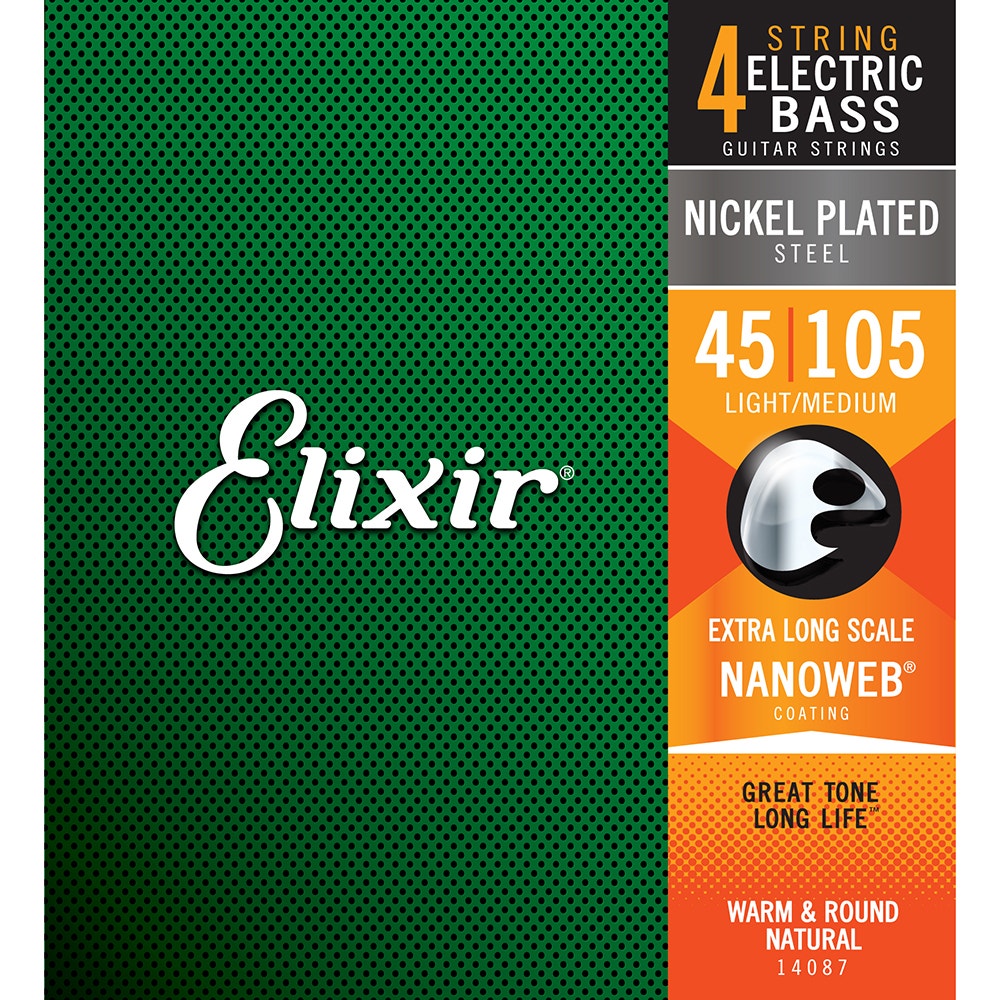 Elixir 14087 Bass Strings, Nickel Plated Steel with NANOWEB Coating, Light/Medium, Extra Long Scale (45-105)