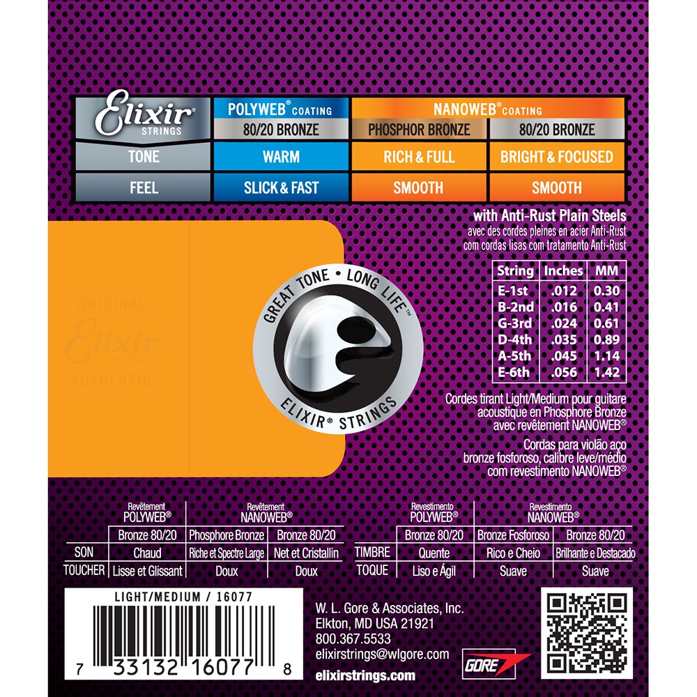 Elixir 16077 Phosphor Bronze Nanoweb Light-Medium Acoustic Guitar Strings (12-56)
