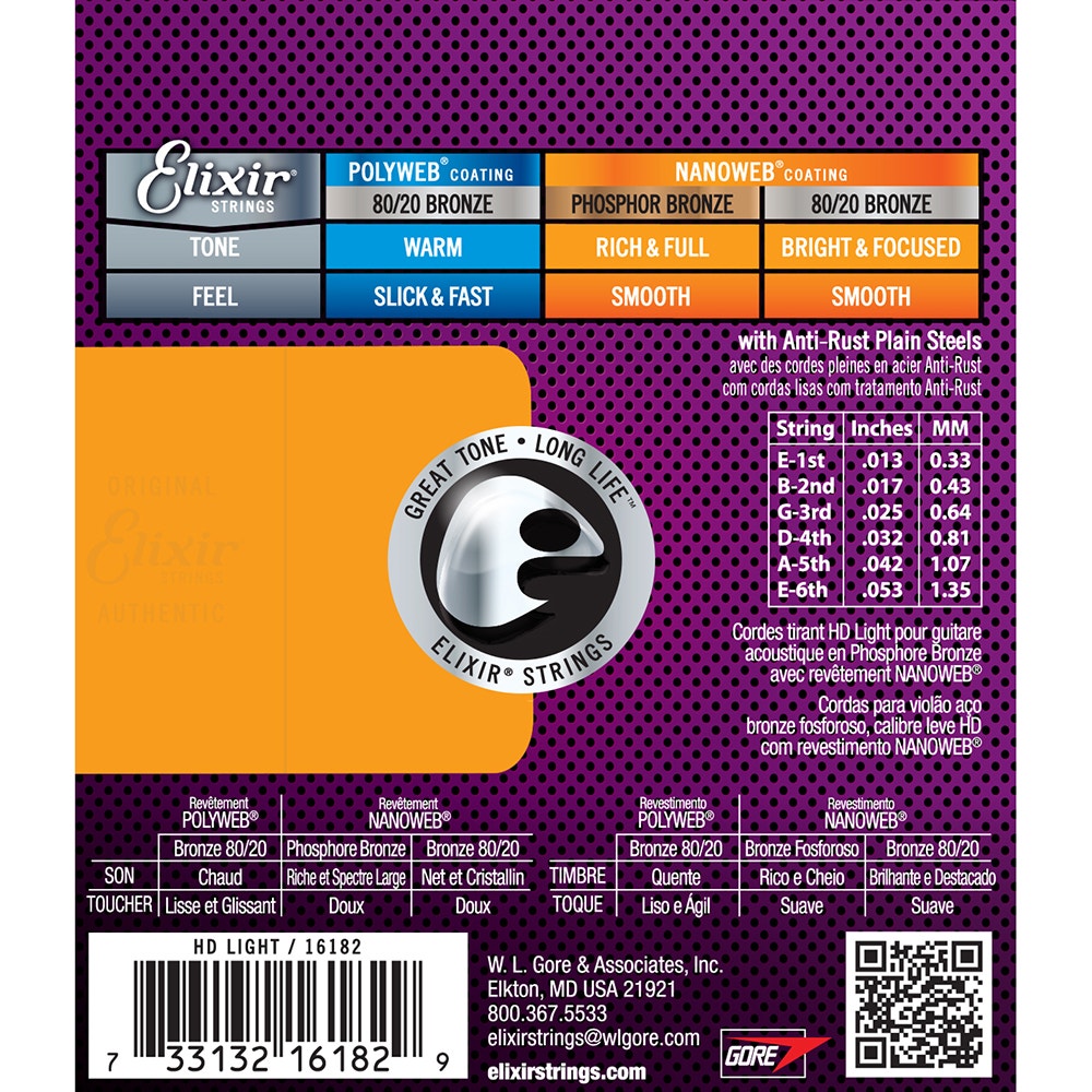 Elixir 16182 Nanoweb Phosphor Bronze HD Light Acoustic Guitar Strings (13-53)