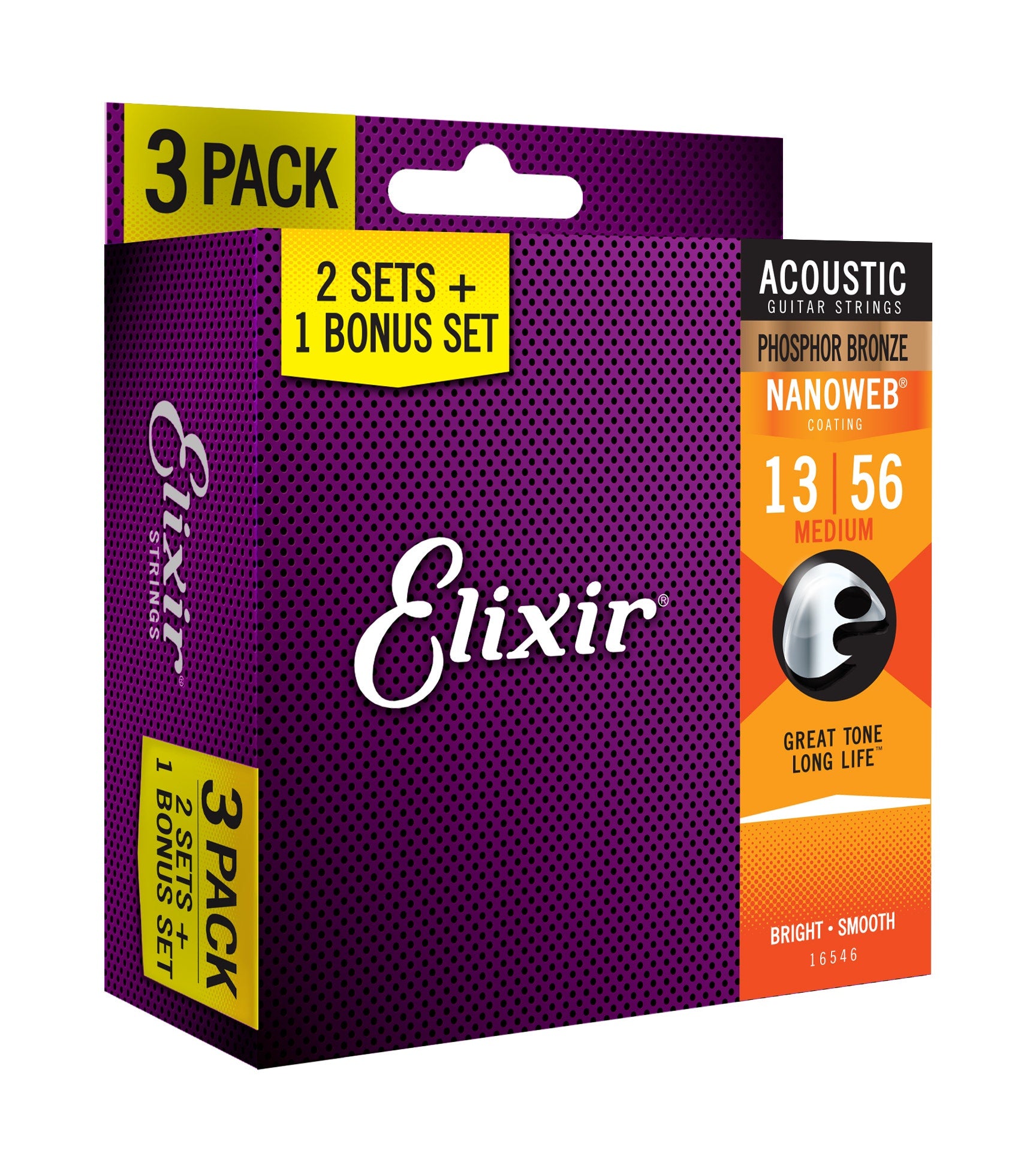Elixir Limited Edition 3-Pack Phosphor Bronze NANOWEB Acoustic Guitar Strings, Medium 13-56
