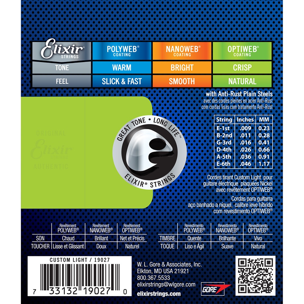 Elixir 19027 Nickel Plated Steel Electric Guitar Strings with OPTIWEB Coating, Custom Light (9-46)