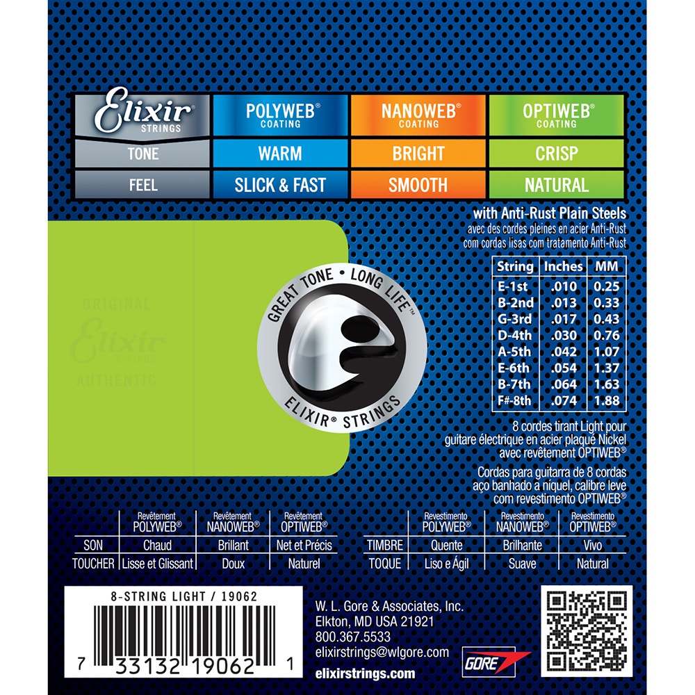 Elixir 19062 OPTIWEB 8 String Electric Guitar Strings - Light (10 - 74)