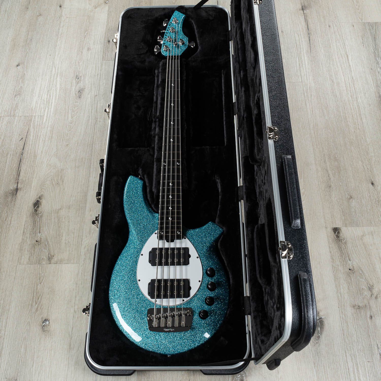 Ernie Ball Music Man Bongo 5 HH 5-String Bass Guitar, Aqua Sparkle, Matching Headstock