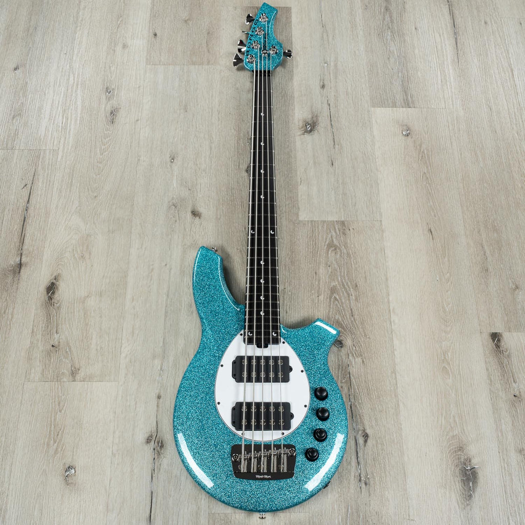 Ernie Ball Music Man Bongo 5 HH 5-String Bass Guitar, Aqua Sparkle, Matching Headstock