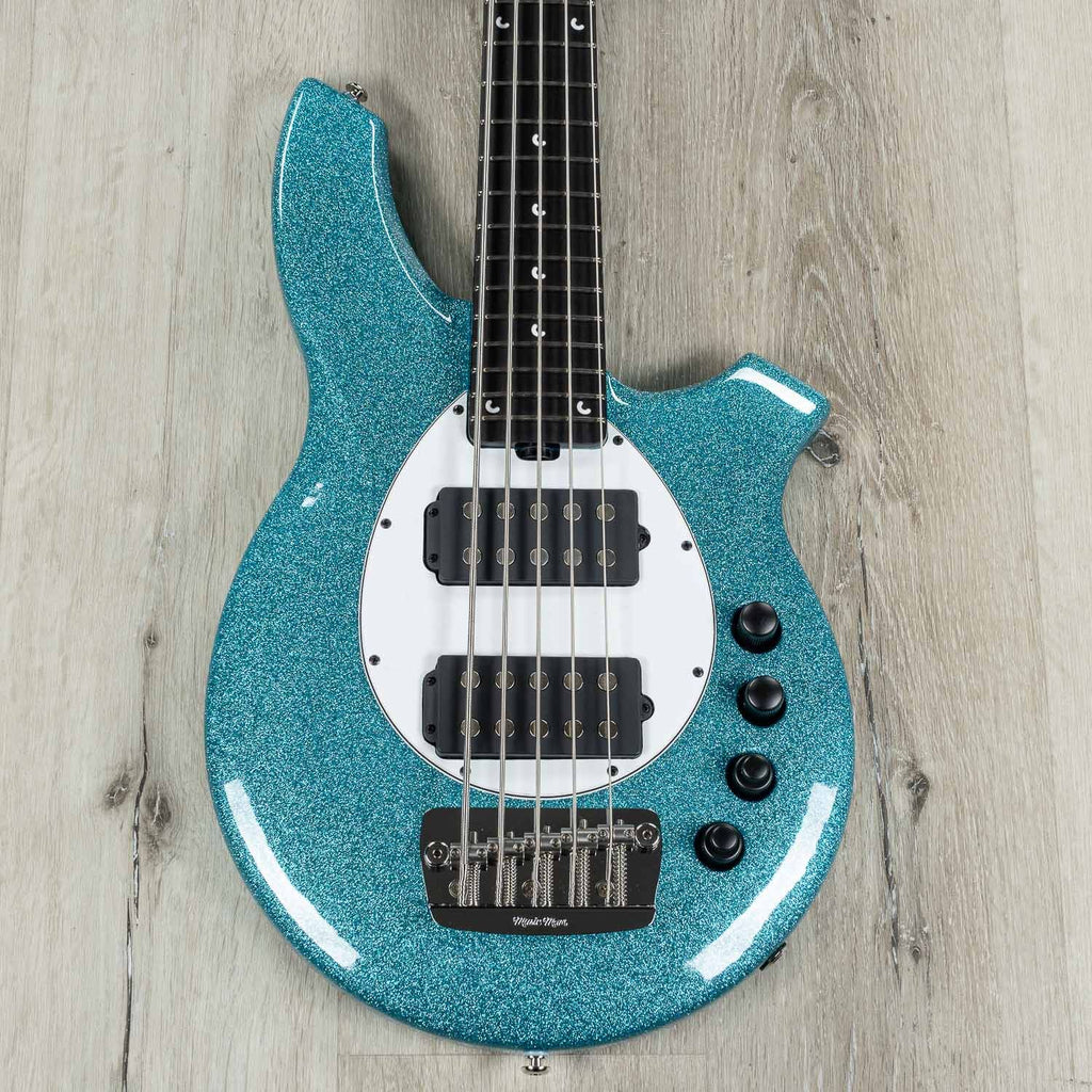 Ernie Ball Music Man Bongo 5 HH 5-String Bass Guitar, Aqua Sparkle, Matching Headstock