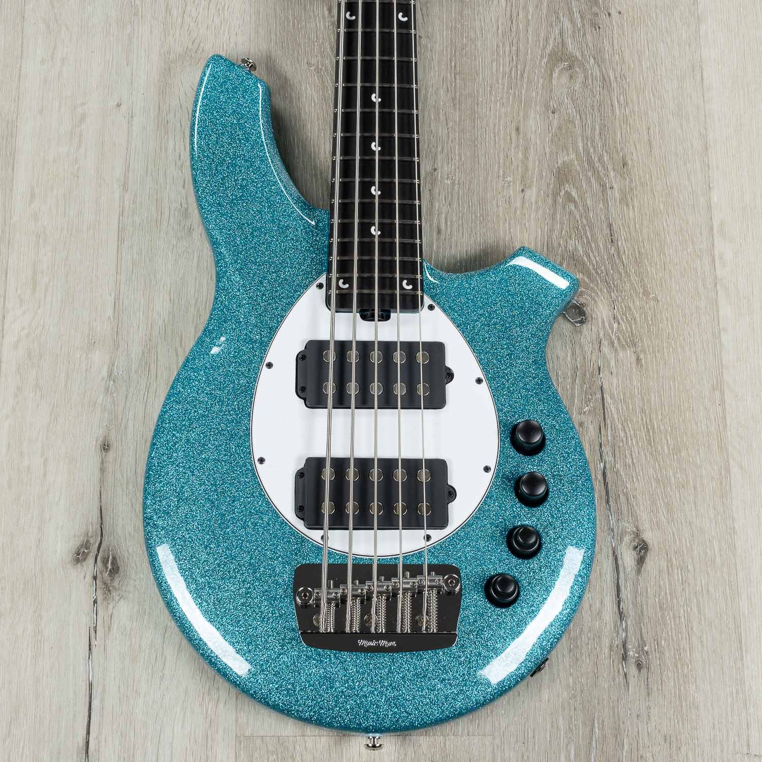 Ernie Ball Music Man Bongo 5 HH 5-String Bass Guitar, Aqua Sparkle, Matching Headstock