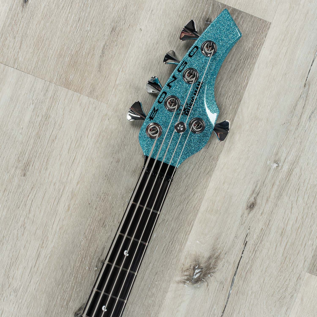 Ernie Ball Music Man Bongo 5 HH 5-String Bass Guitar, Aqua Sparkle, Matching Headstock