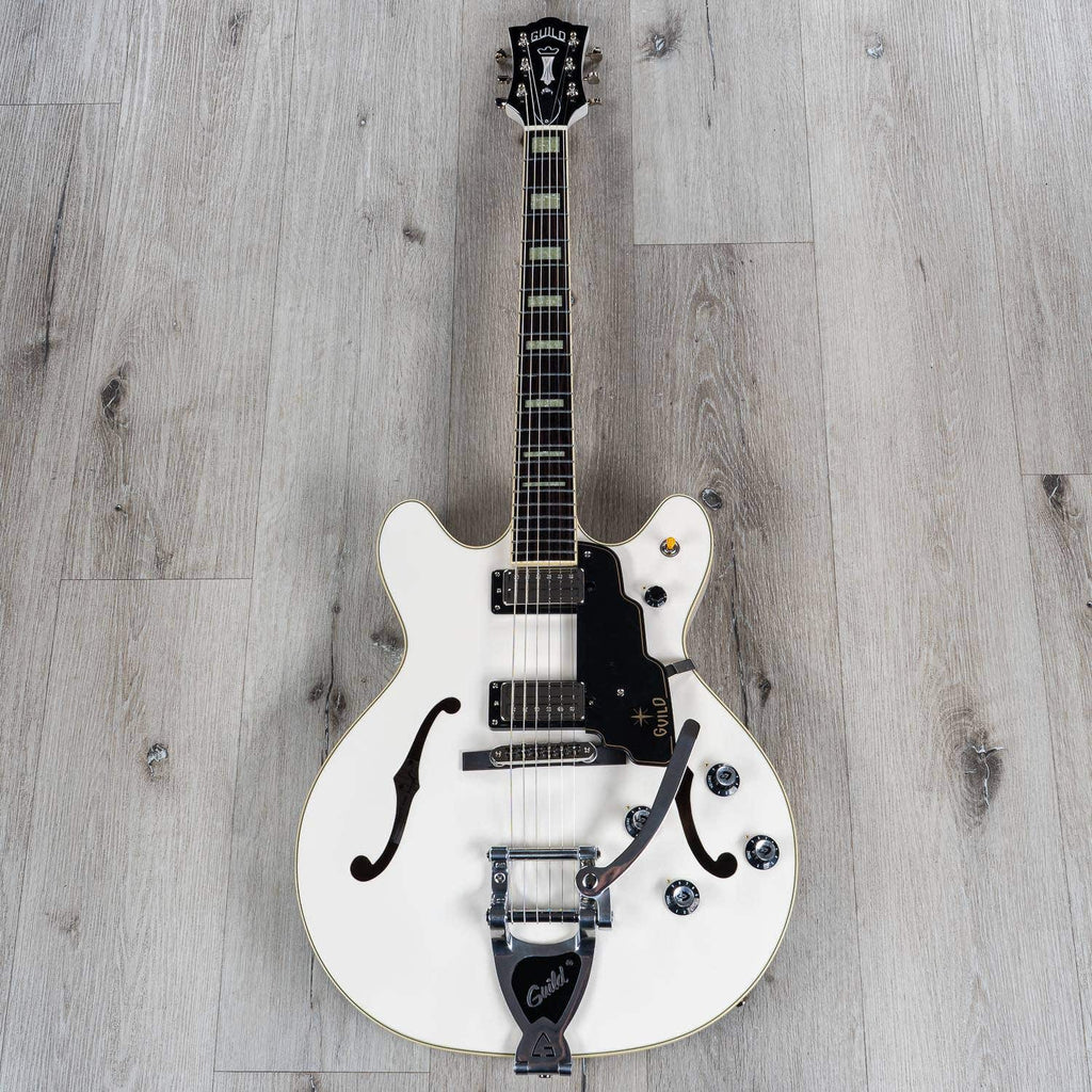 Guild Starfire V Semi-Hollow Electric Guitar, Guild Vibrato Tailpiece, Ebony Fretboard, Hardshell Case - White