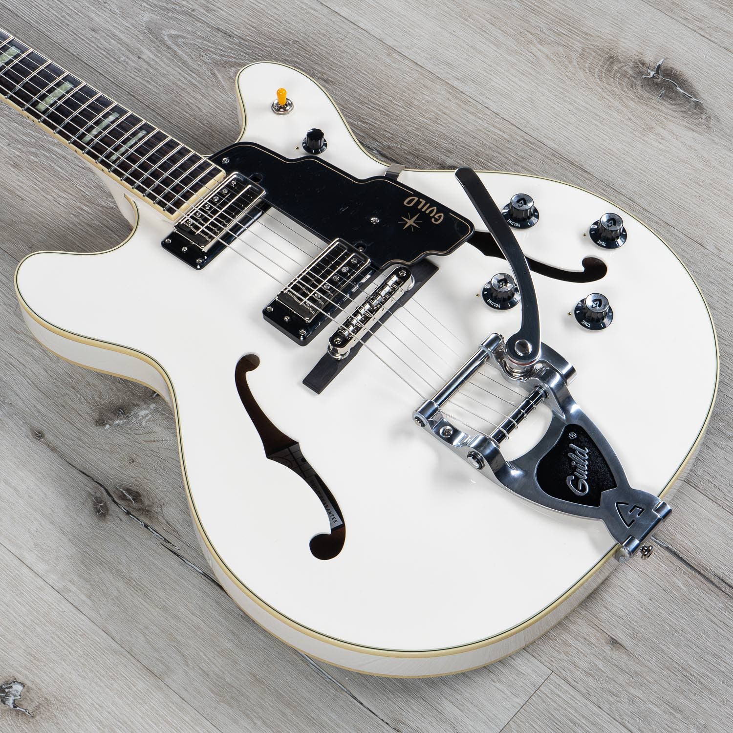Guild Starfire V Semi-Hollow Electric Guitar, Guild Vibrato Tailpiece, Ebony Fretboard, Hardshell Case - White