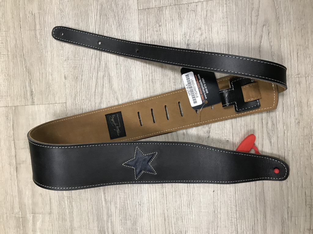 Henry Heller HPST-BLK Black Leather Guitar Strap with Vintage Blue Star Cut Out & Cream Stitch