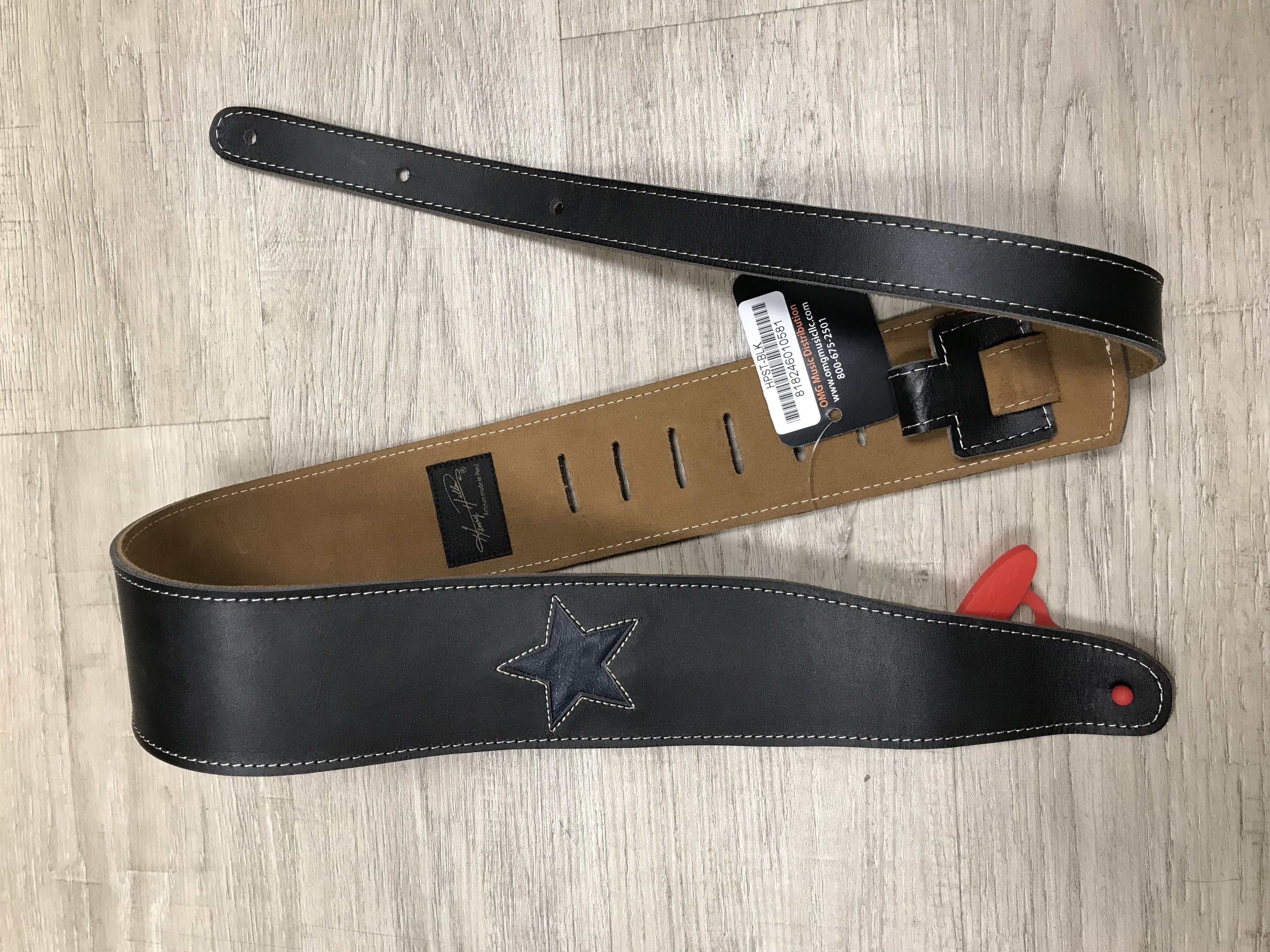Henry Heller HPST-BLK Black Leather Guitar Strap with Vintage Blue Star Cut Out & Cream Stitch
