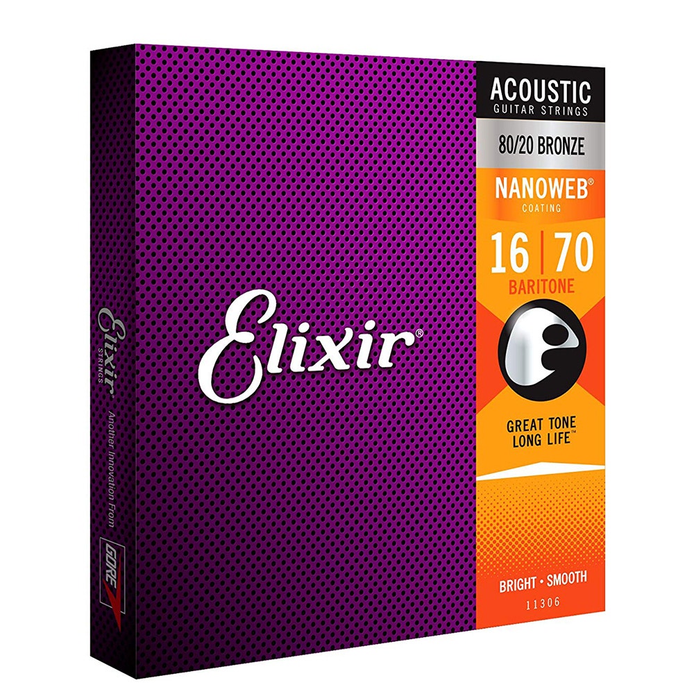 Elixir Strings 11306 80/20 Bronze Baritone Acousic Guitar Strings, Nanoweb Coating, (0.16 - 0.70)