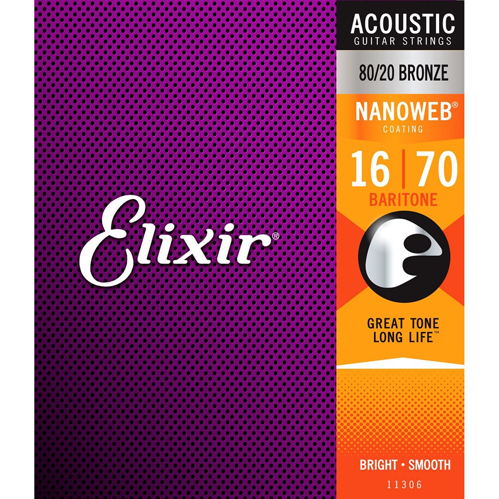 Elixir Strings 11306 80/20 Bronze Baritone Acousic Guitar Strings, Nanoweb Coating, (0.16 - 0.70)