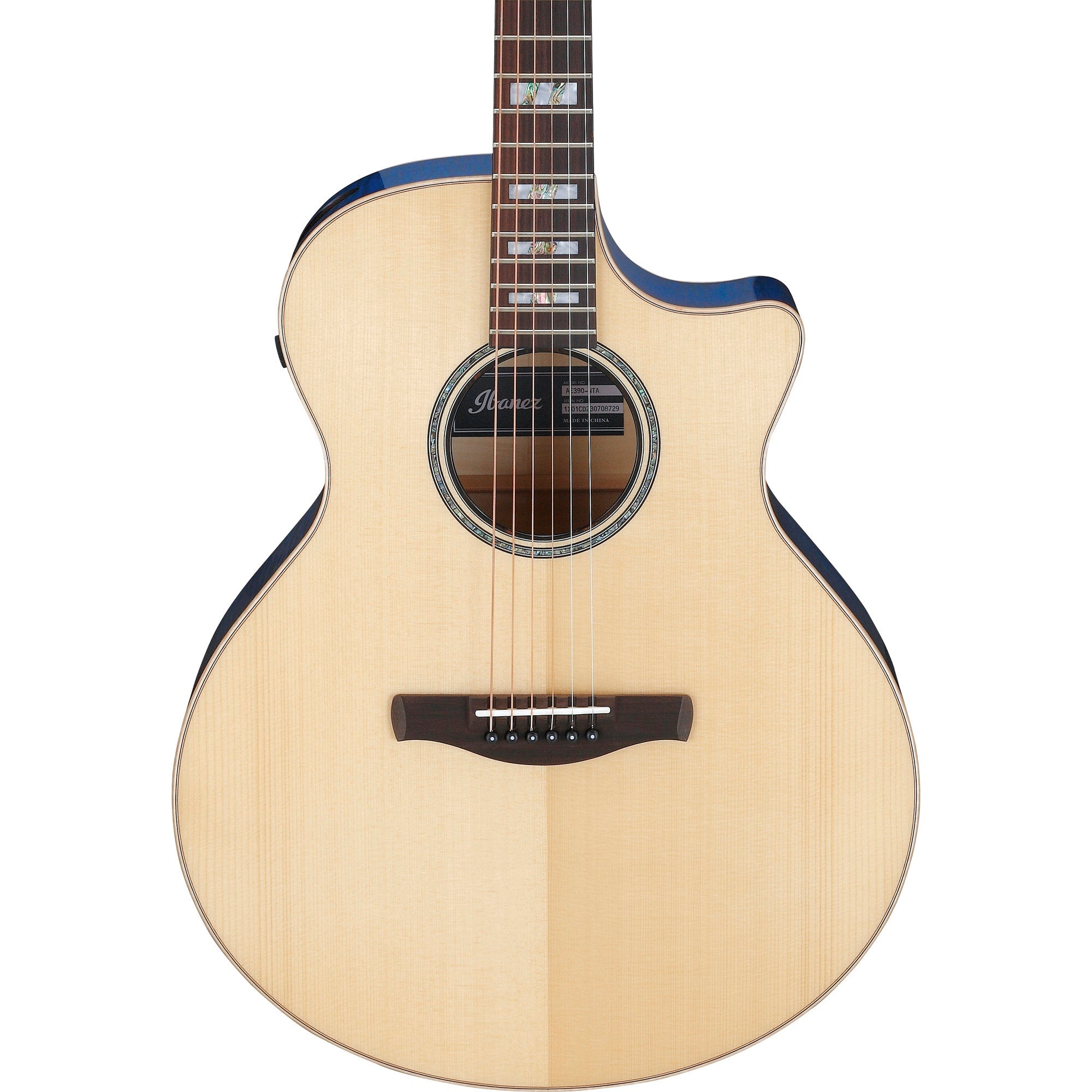 Ibanez AE390 AE Acoustic-Electric Guitar, Solid German Spruce, Natural Top & Aqua Blue Gloss Back