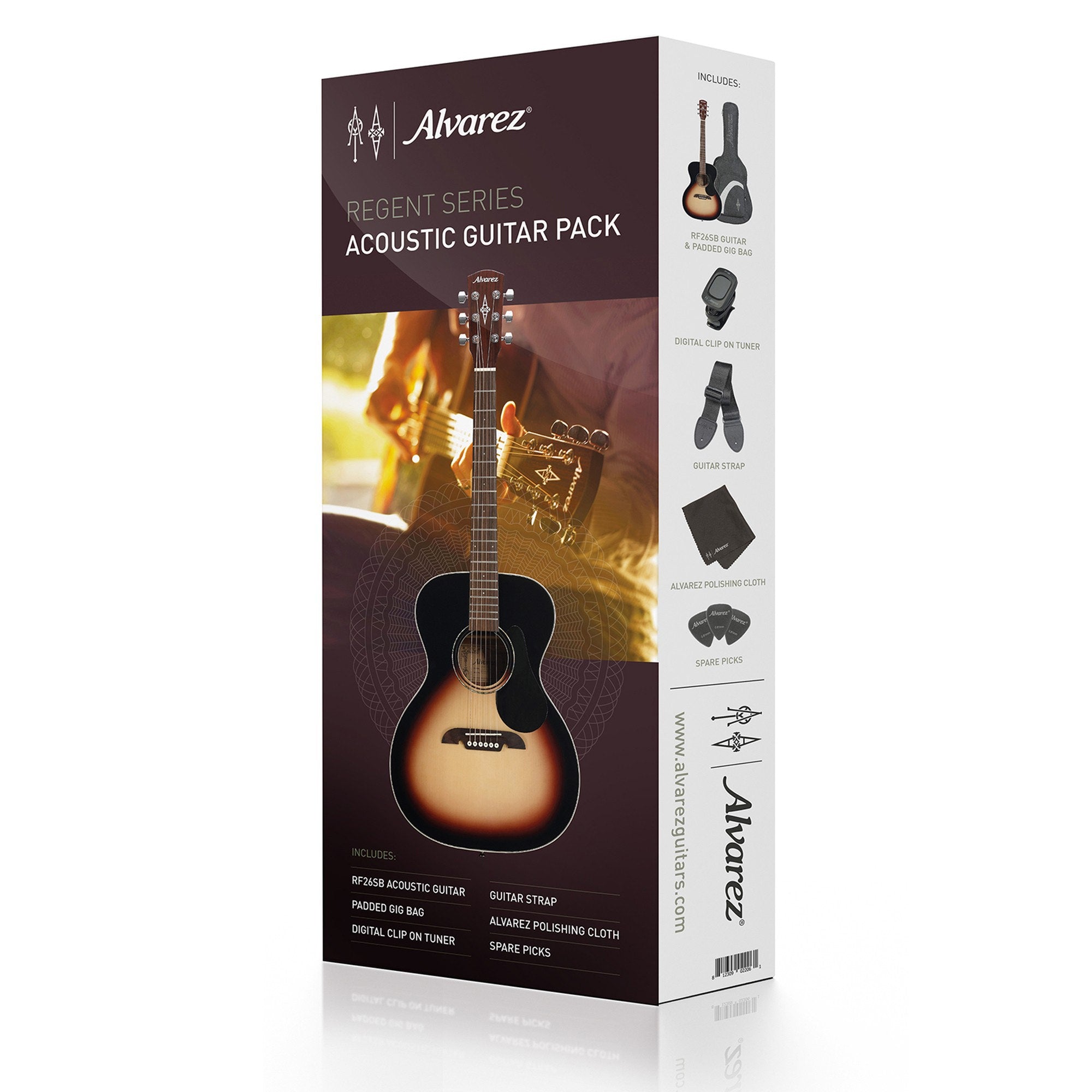 Alvarez RF26SSB-AGP Regent 26 Series Folk/OM Acoustic Guitar Starter Pack with Bag & Accessories, Sunburst