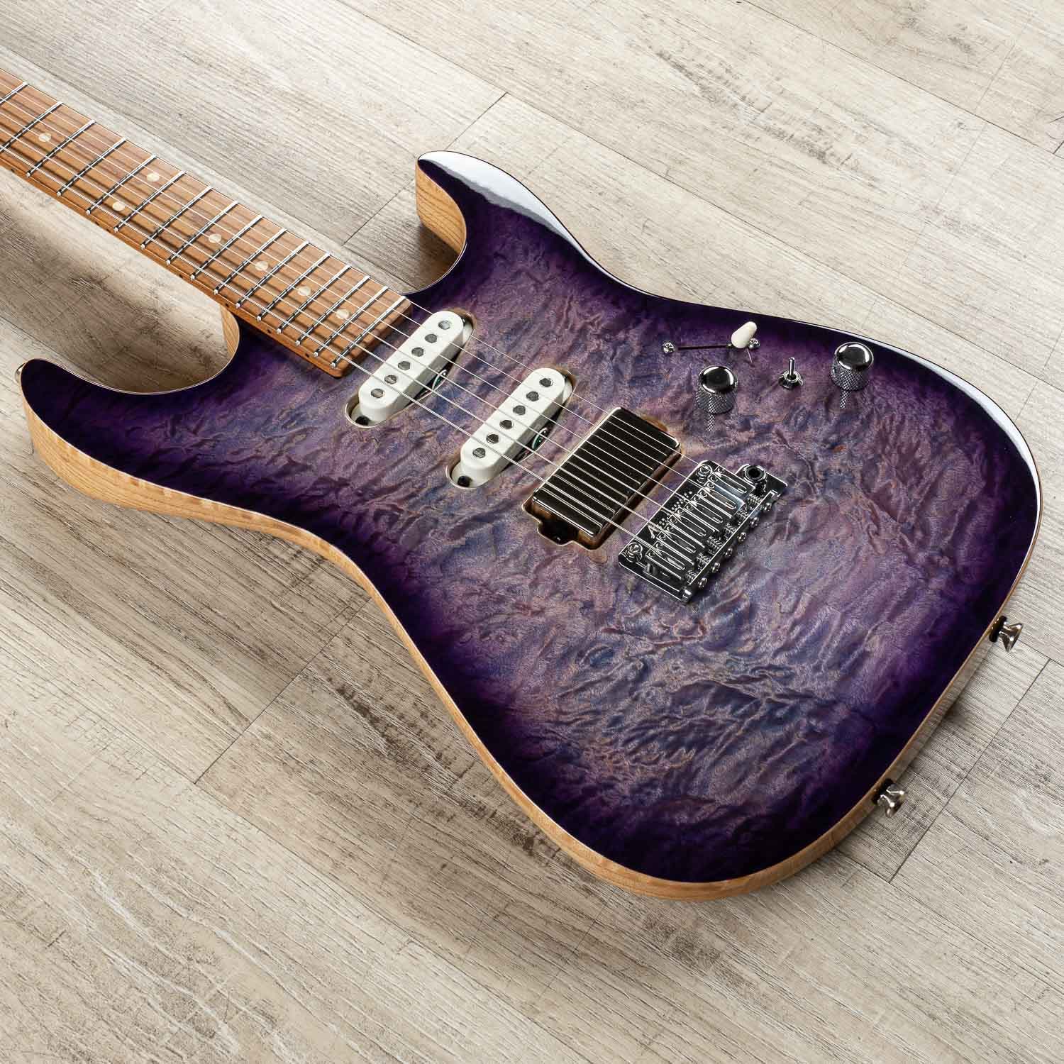 Anderson Guitarworks Drop Top Electric Guitar, Abalone to Trans Purple Burst, Quilt Maple Top, Roasted Maple