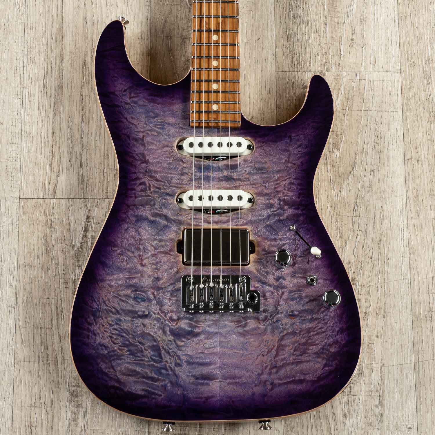 Anderson Guitarworks Drop Top Electric Guitar, Abalone to Trans Purple Burst, Quilt Maple Top, Roasted Maple