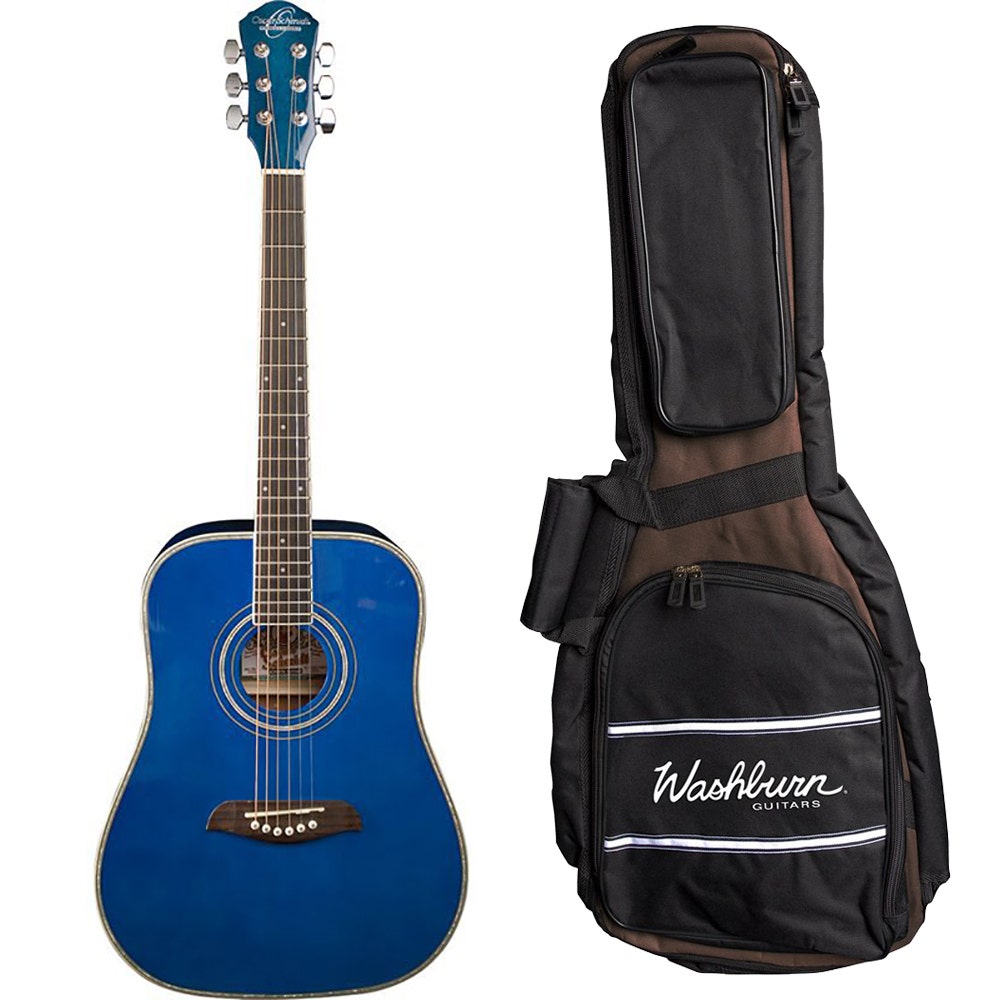 Oscar Schmidt OG1TBL 3/4 Size Dreadnought Acoustic Guitar in Translucent Blue with Gig Bag
