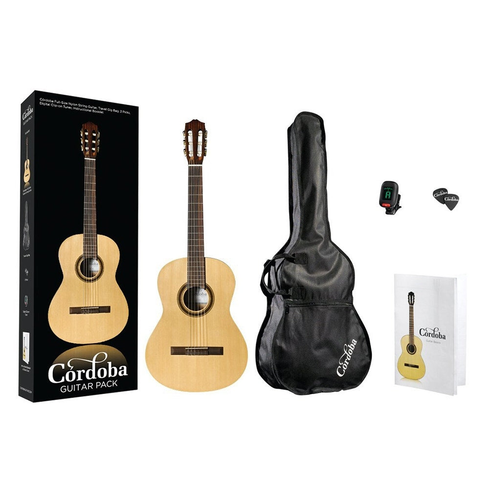 Cordoba CP100 6-String Acoustic Nylon-String Classical Guitar Pack with Tuner, Gig Bag, and Instructional Booklet - Natural