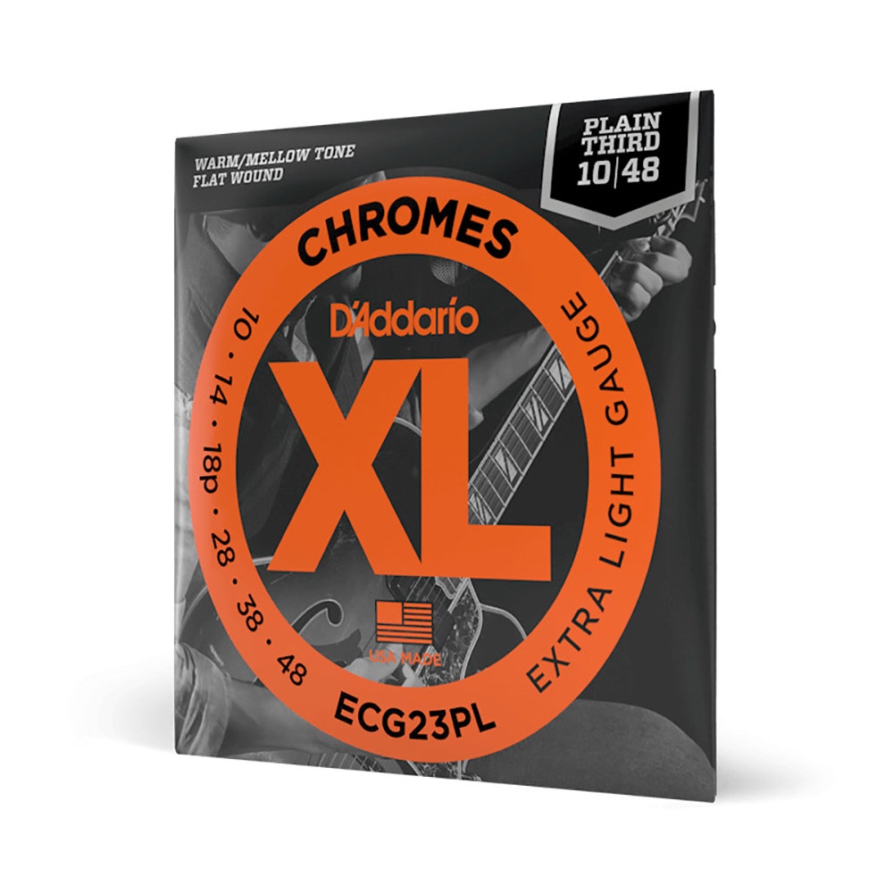 D'Addario XL Chromes Plain Third Flatwound Electric Guitar Strings, Extra Light 10-48