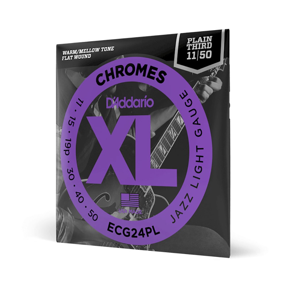 D'Addario XL Chromes Plain Third Flatwound Electric Guitar Strings, Jazz Light 11-50