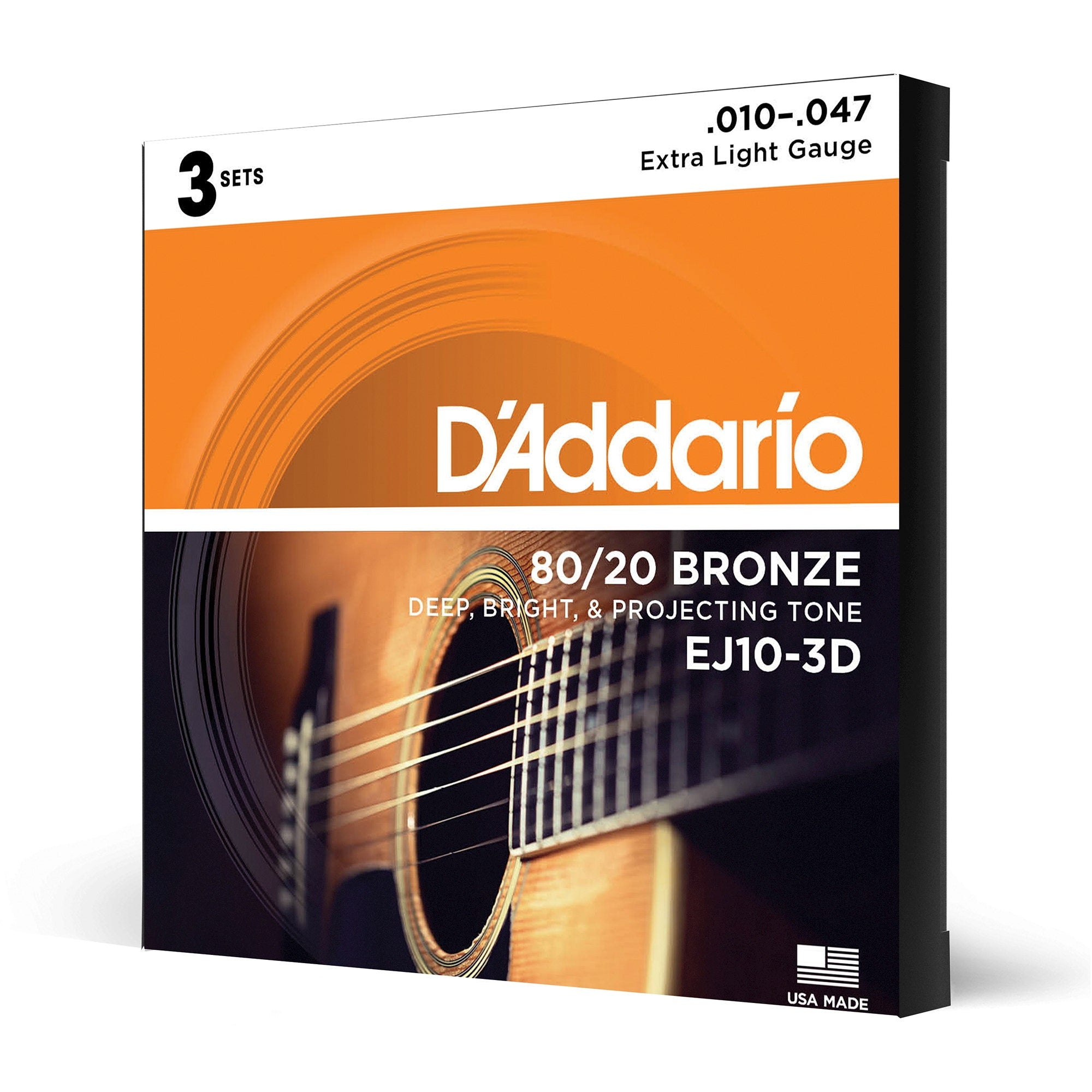 D'Addario EJ10-3D 3-Pack EJ10 80/20 Bronze Acoustic Guitar Strings, Extra Light, 10-47