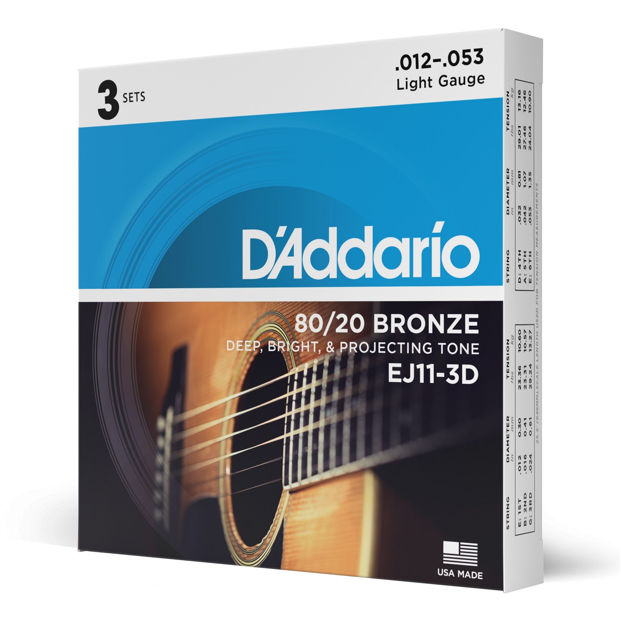 D'Addario EJ11-3D 80/20 Bronze Acoustic Guitar Strings, Light (12-53)