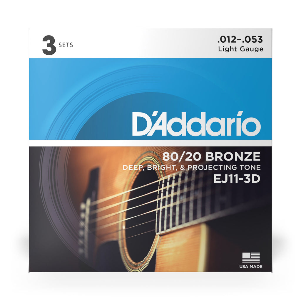 D'Addario EJ11-3D 80/20 Bronze Acoustic Guitar Strings, Light (12-53)