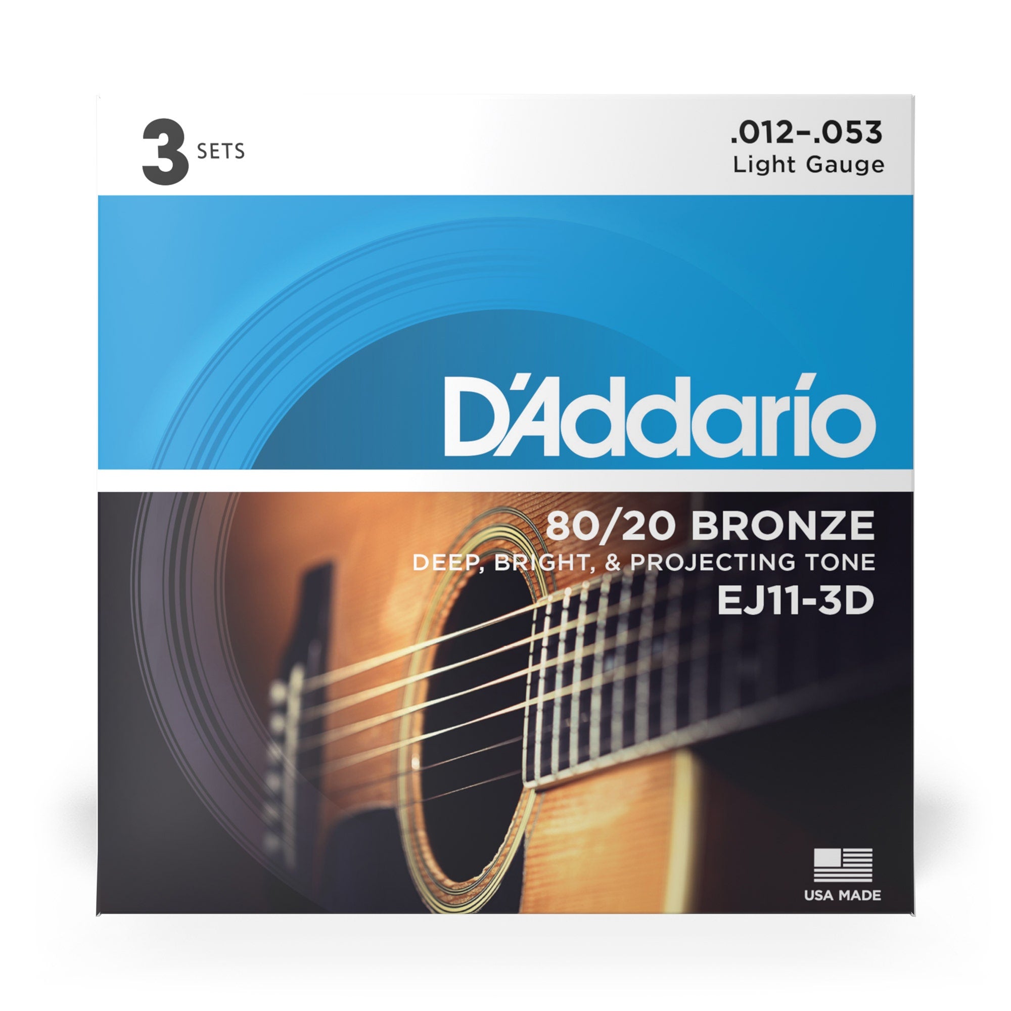 D'Addario EJ11-3D 80/20 Bronze Acoustic Guitar Strings, Light (12-53)