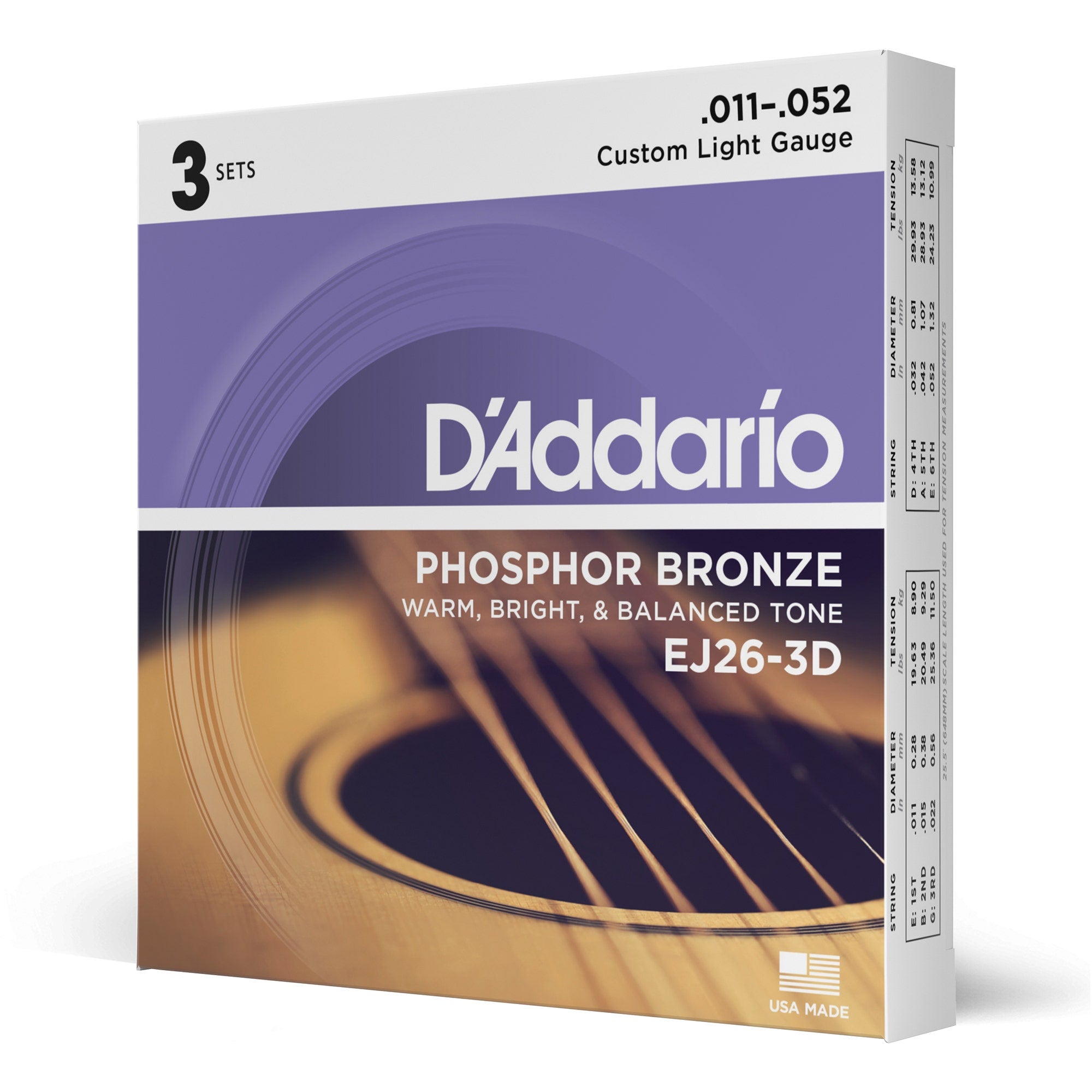 3-Pack of D'Addario EJ26 Acoustic Guitar Strings, Phosphor Bronze, Custom Light (11-52)