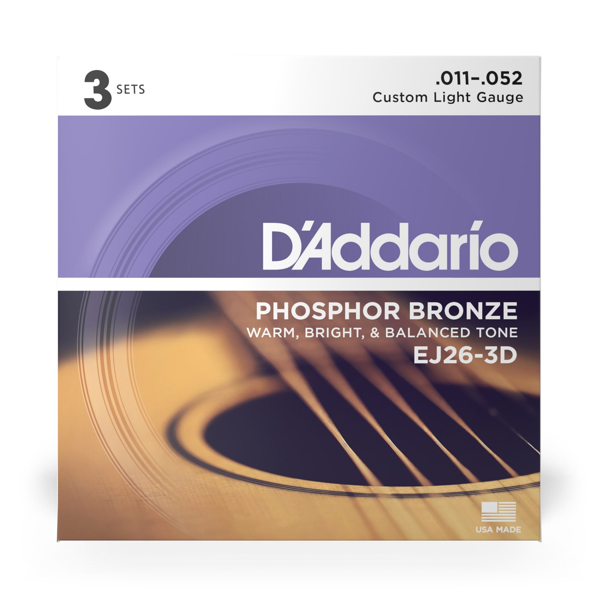 3-Pack of D'Addario EJ26 Acoustic Guitar Strings, Phosphor Bronze, Custom Light (11-52)
